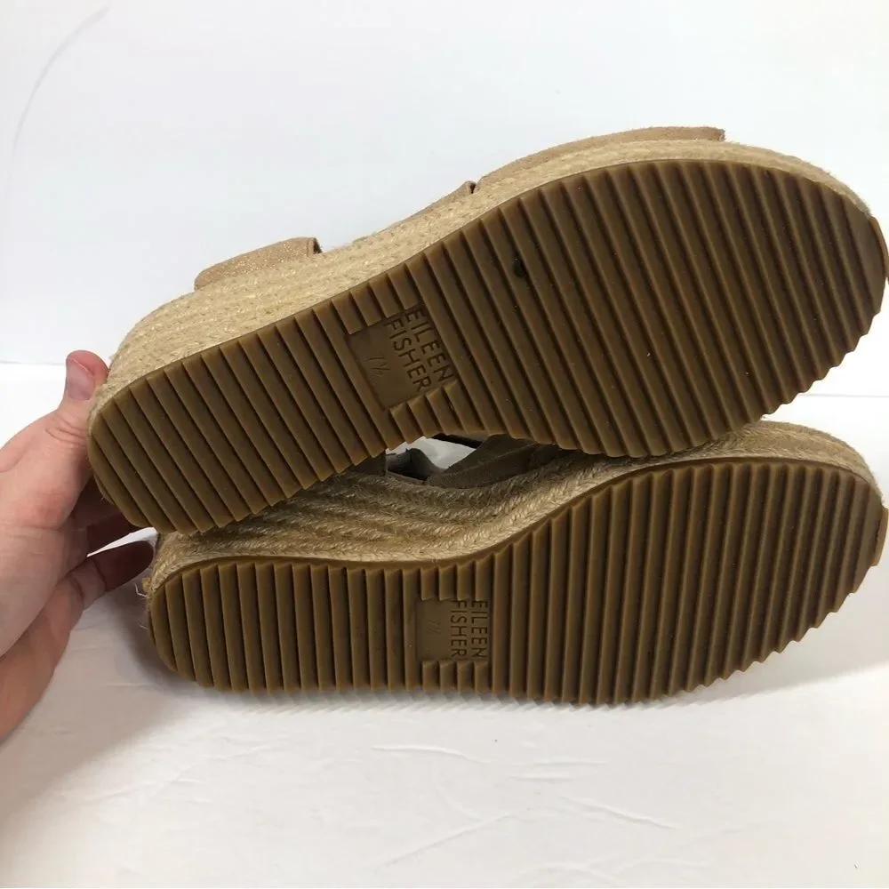 Eileen Fisher Willow Tumbled Leather Wedge Espadrille Sandals Shoes Tan 7.5